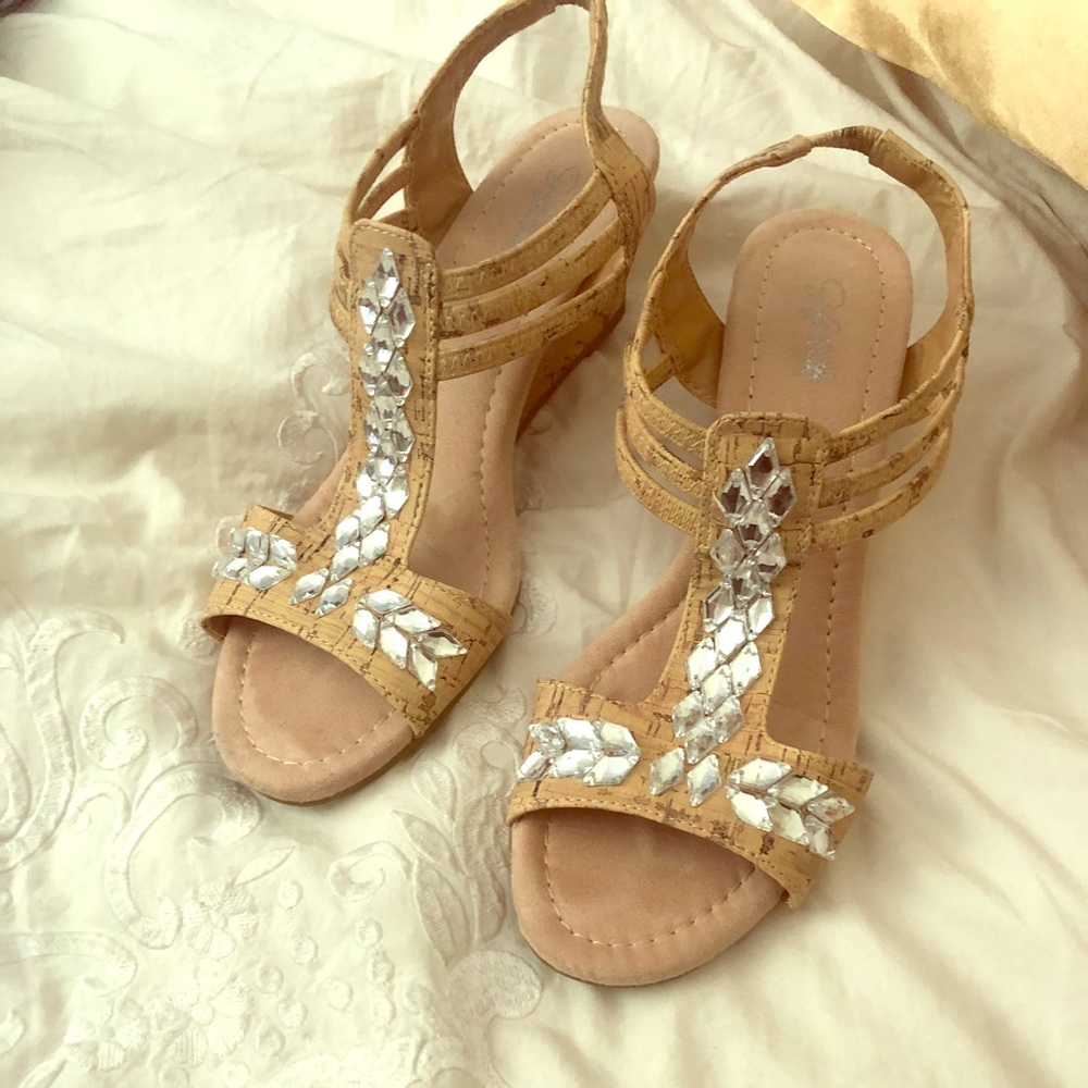 Bedazzled cork wedge sandals size 6!
